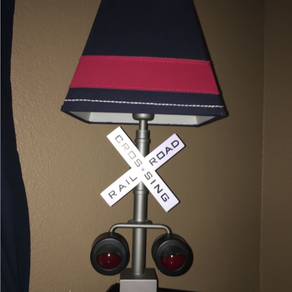 Railroad Crossing Themed Lamp with Navy and Red Shade